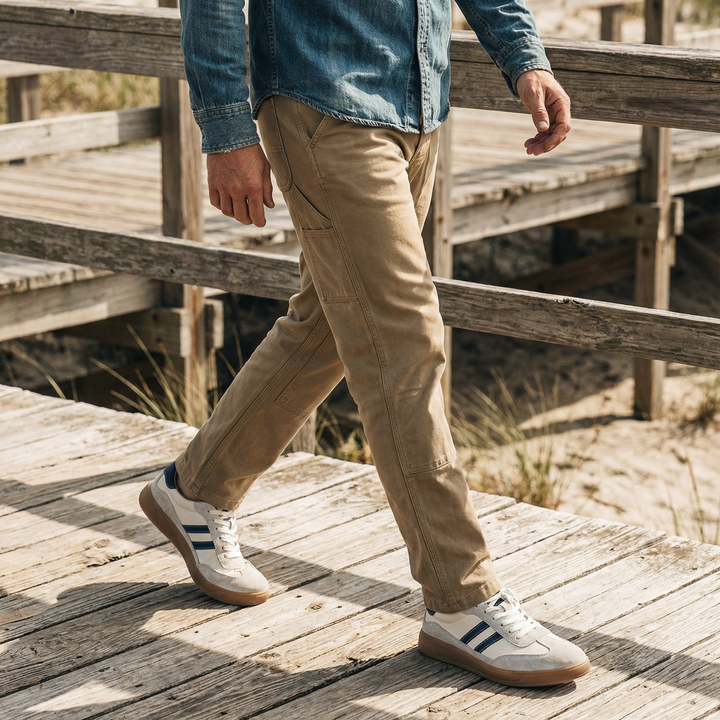 Casual men's trainer shoes with brown leather and mesh, offering superior comfort and a stylish gum sole.