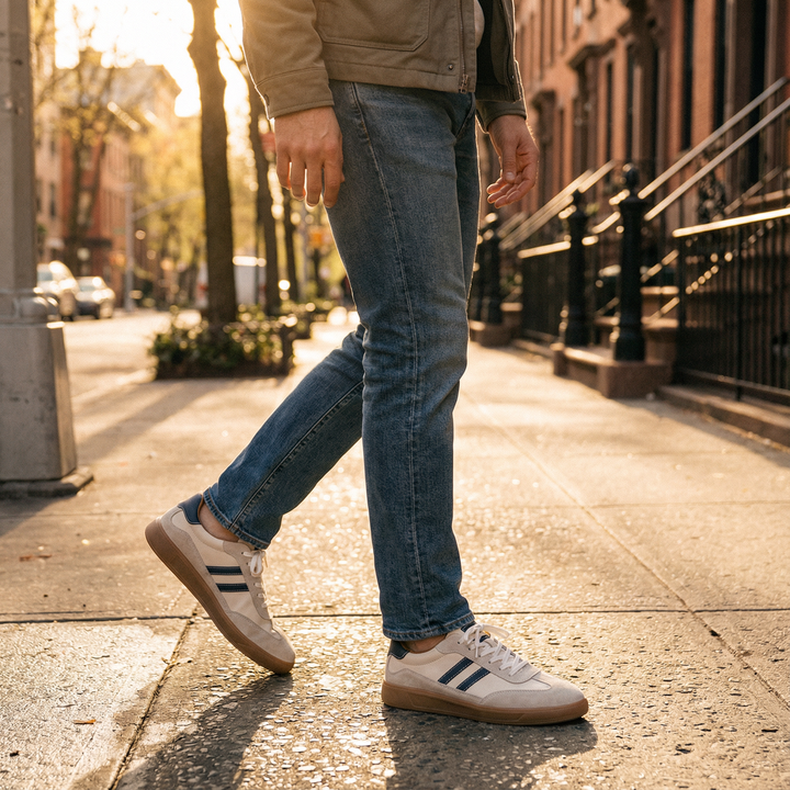 White men's sneakers for everyday wear, constructed with breathable mesh, leather accents, and a gum sole.