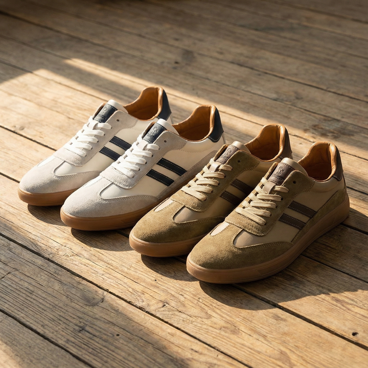 Stylish brown men's casual sneakers, perfect for daily use, featuring leather mesh and a contrasting gum sole.