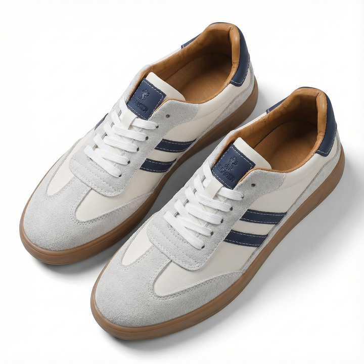 White men's trainer shoes, offering ultimate comfort with their leather mesh construction and gum rubber sole.