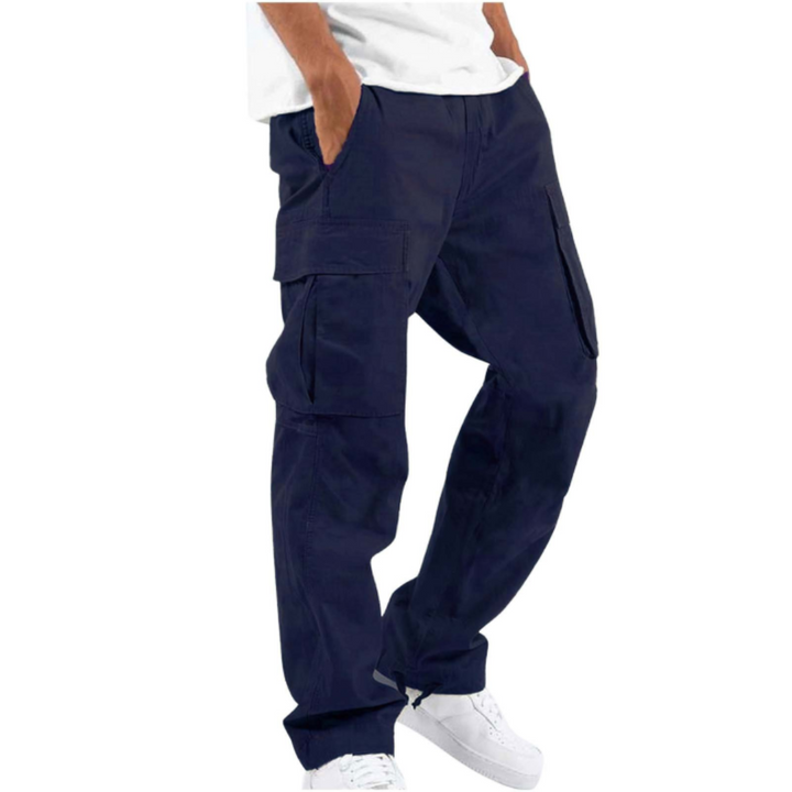 Stylish men's utility cargo pants with a wide leg and relaxed fit. Features ample pockets for storage.