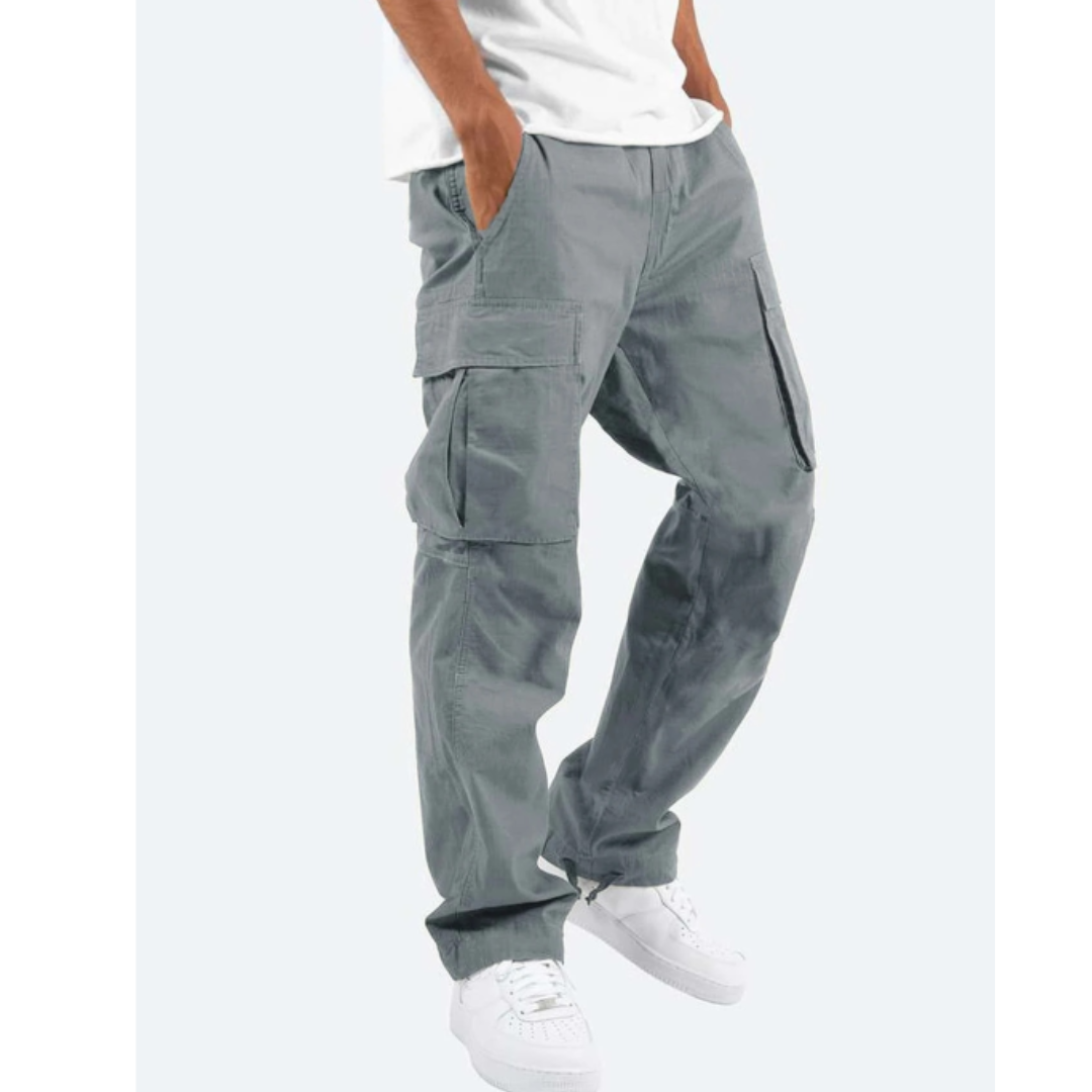 Durable men's wide leg cargo pants, relaxed fit, ample storage. Perfect for casual outdoor and daily wear.