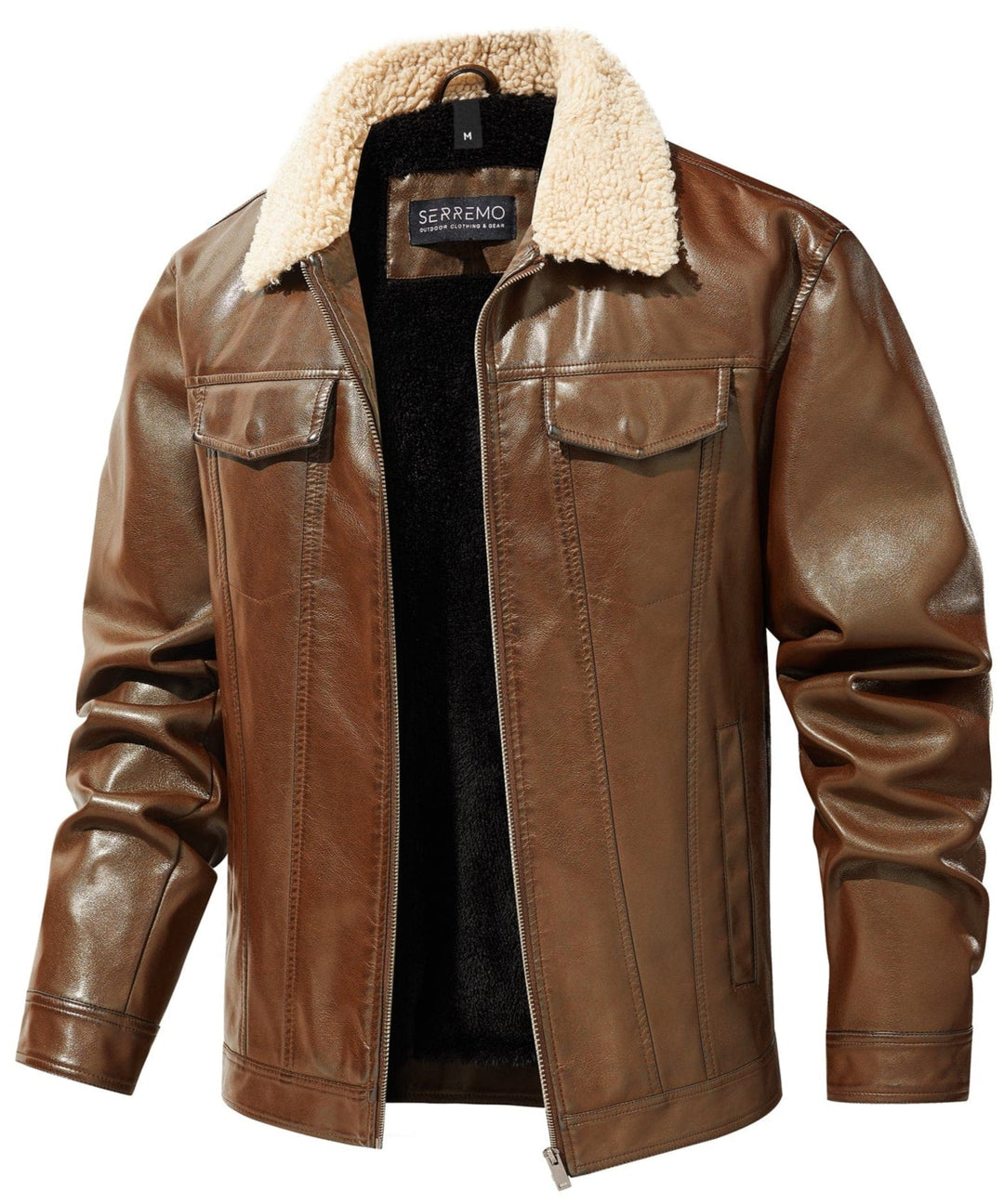 Men's Winter Aviator PU Leather Jacket with shearling collar, dark brown, front view, casual fashion