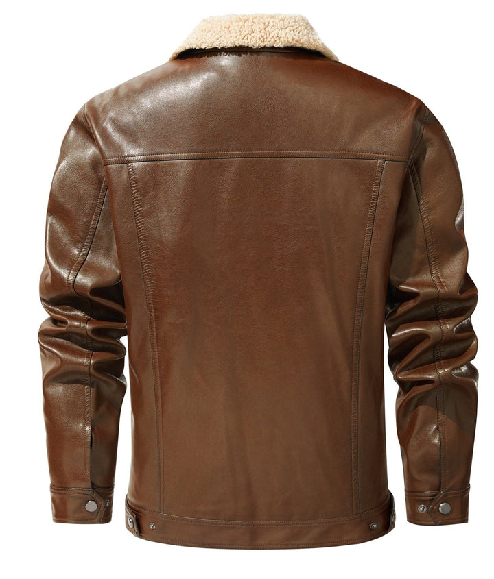 Close-up of men's brown PU leather aviator jacket, shearling lining, brass zipper, winter outerwear