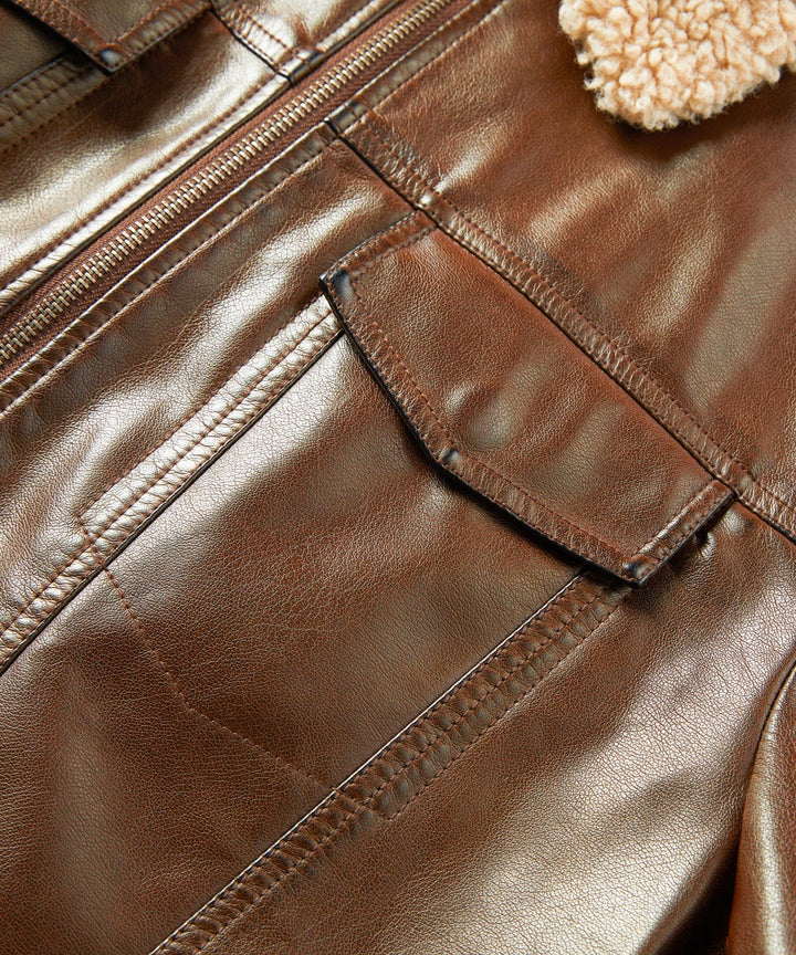 Back view of men's PU leather aviator jacket, dark brown, with shearling accents, winter clothing