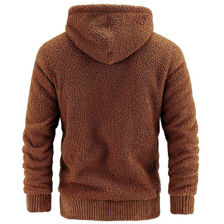Close-up of a men's cashmere blend hooded fleece jacket, soft and warm for winter