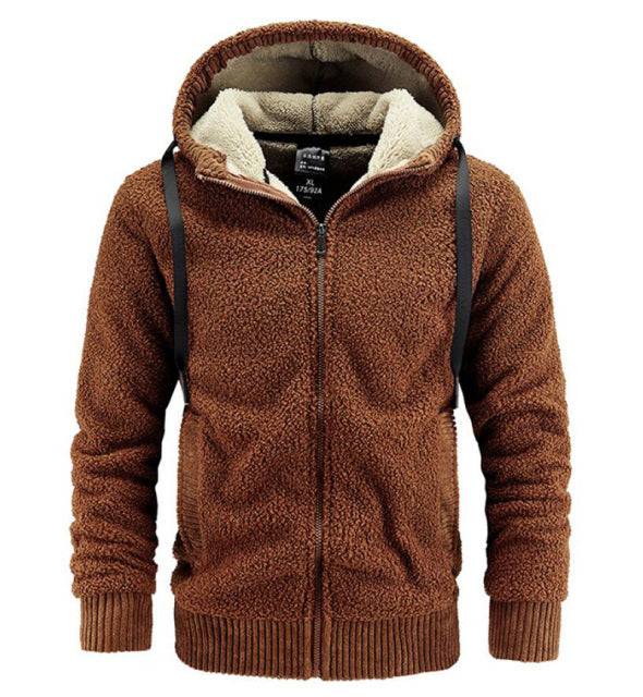 Front view of a men's military green winter warm fleece hooded jacket, outdoor ready