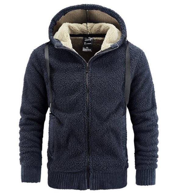 Men's black hooded fleece jacket with pockets, providing warmth and functionality