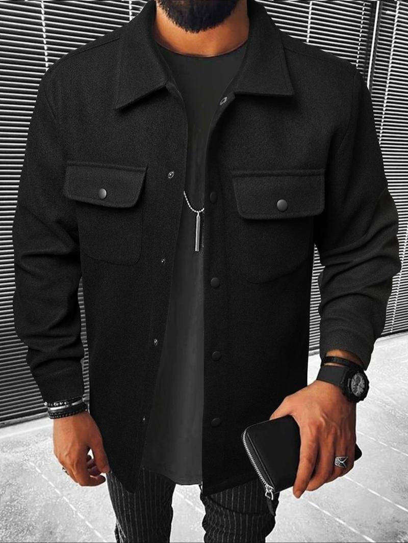 Men's wool blend snap button overshirt in dark grey, perfect for smart casual layering