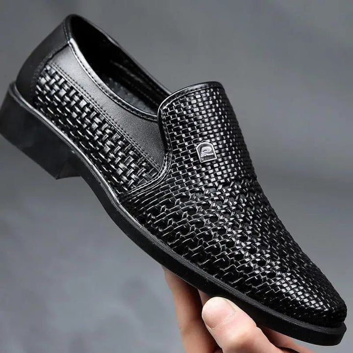 Men's woven leather slip-on loafers, perfect for formal or casual wear, offering comfort & style.