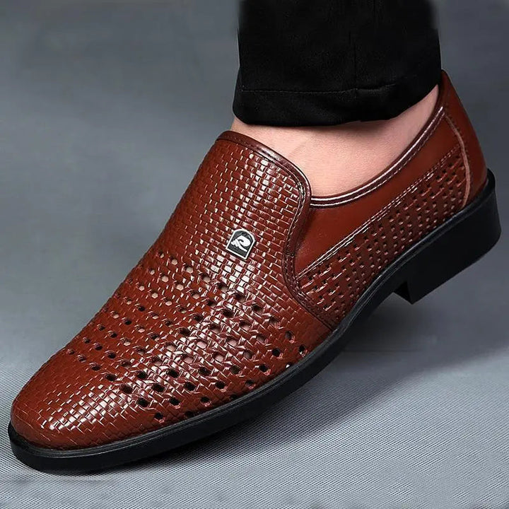 Comfortable men's casual loafers, expertly crafted from woven leather for a refined look.