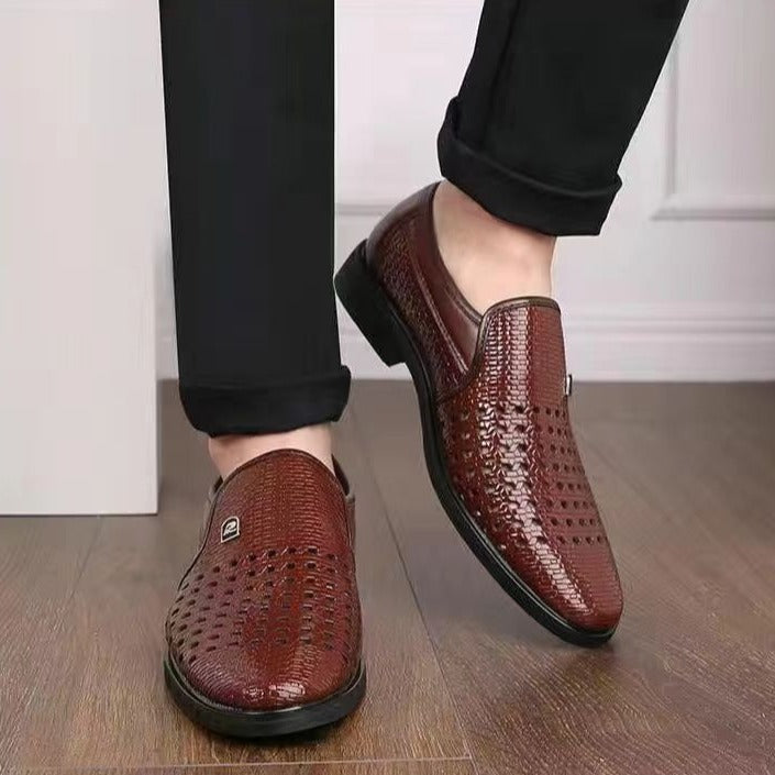 Side profile of men's formal woven leather loafers crafted for maximum comfort and elegance.
