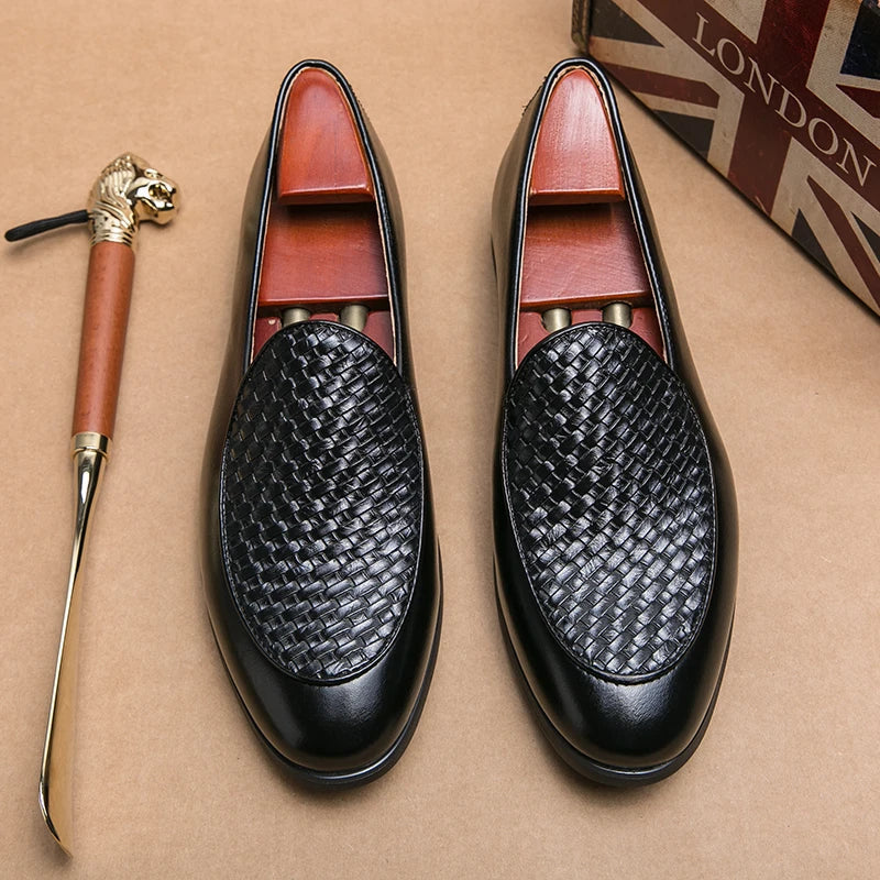 Men's woven leather slip-on loafers, perfect for smart casual or formal wear