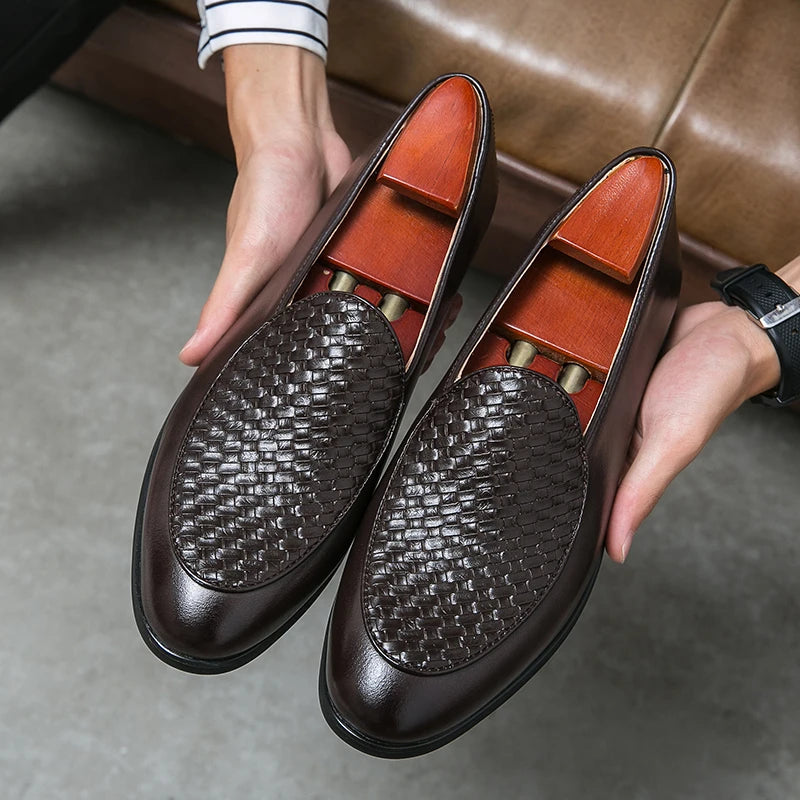 Front view of men's woven leather loafers, emphasizing the comfortable slip-on style