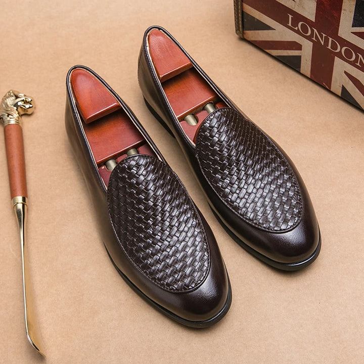 Side profile of comfortable men's slip-on loafers, made from premium woven leather