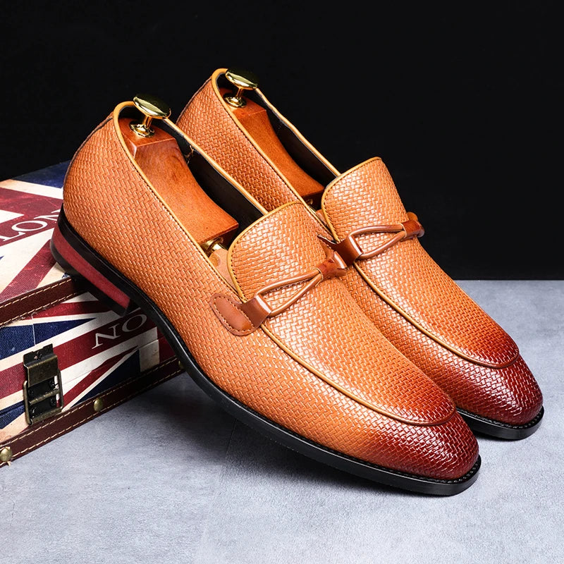 Side view of a men's slip-on woven oxford loafer, highlighting its elegant design and comfort