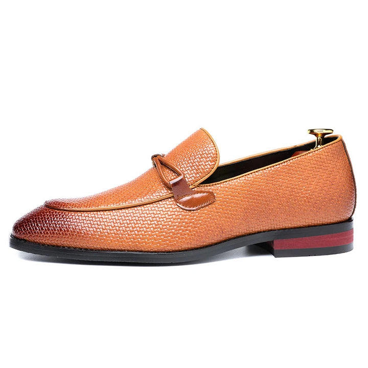 Top-down view of men's woven oxford loafers, emphasizing the woven detail and slip-on style