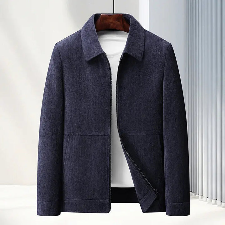 Close-up of the woven texture on a men's zip-up casual jacket, ideal for midweight warmth.