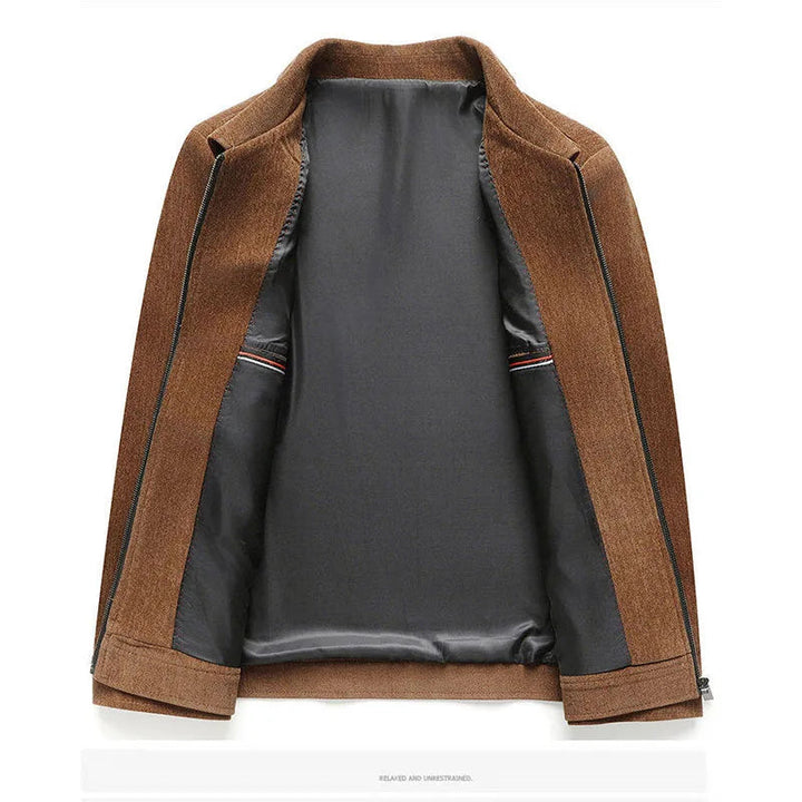 Side profile of a men's stylish midweight jacket, featuring a distinctive woven textured fabric.