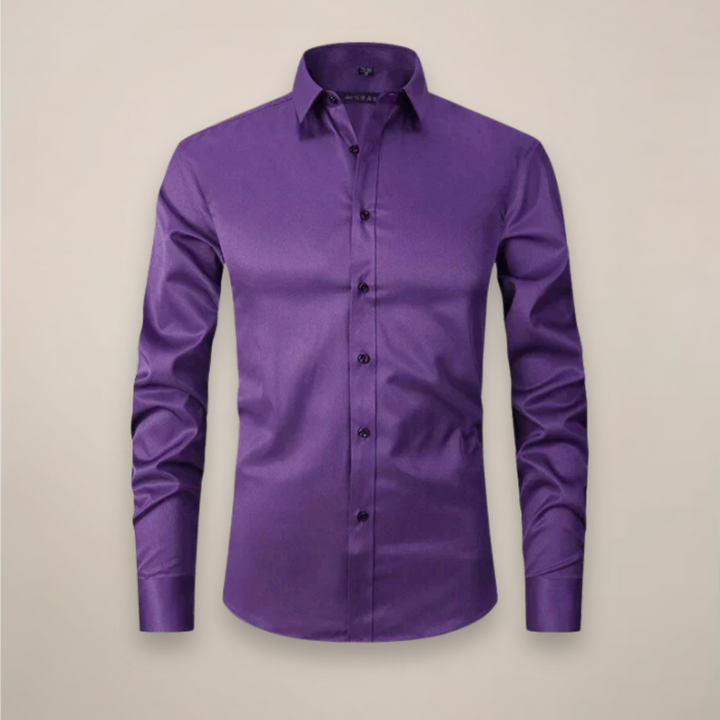 Man wearing a crisp, wrinkle-free long-sleeve shirt, exuding confidence & style.