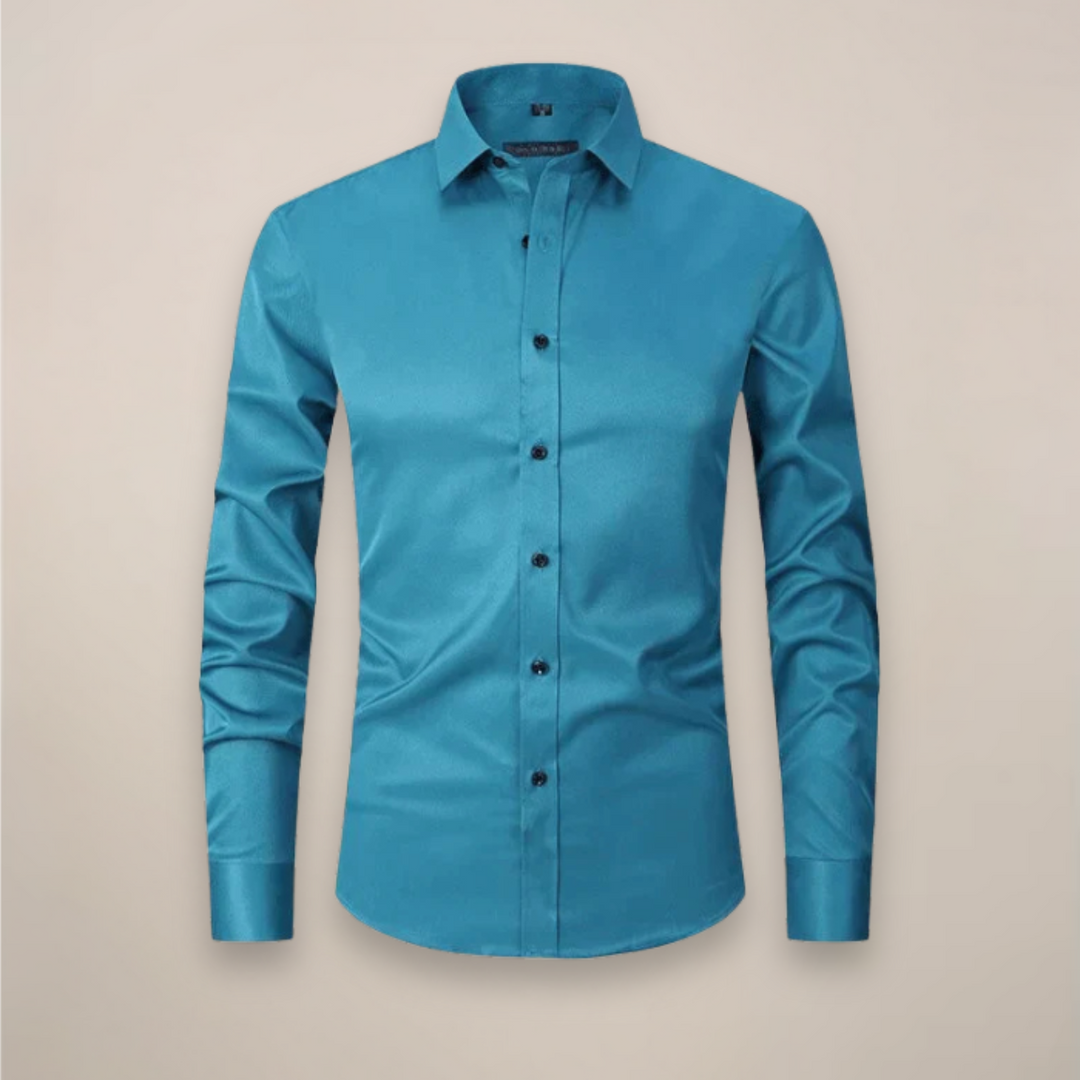 Close-up of the smooth, wrinkle-free fabric of a men's long-sleeve dress shirt.