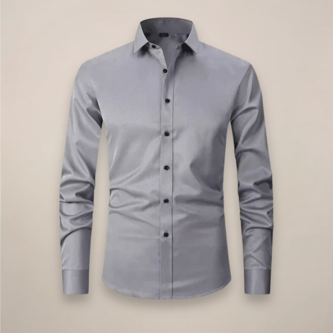 Dark gray men's wrinkle-free long-sleeve button-up for smart casual ensembles.