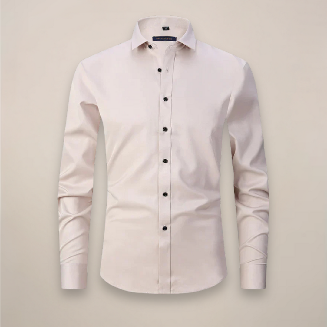 Men's wrinkle-free long-sleeve shirt paired with business slacks for a complete look.