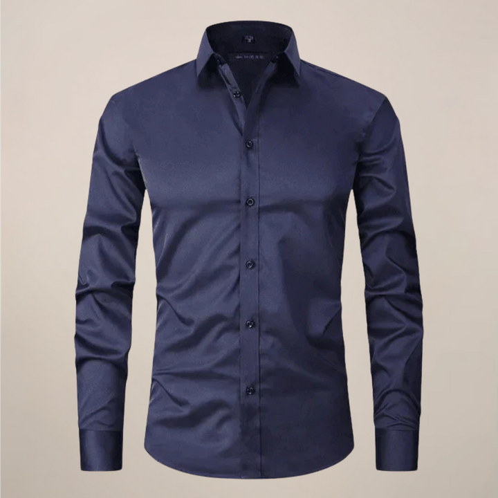 Stylish navy men's long-sleeve button-up, wrinkle-free for business or casual outfits.