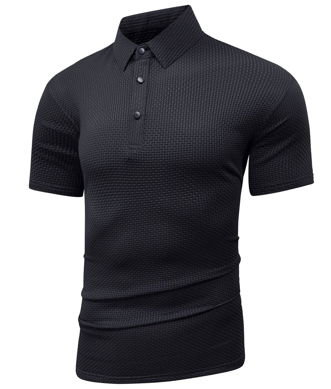 Close-up of the breathable nylon-spandex fabric on a men's wrinkle-free performance polo shirt