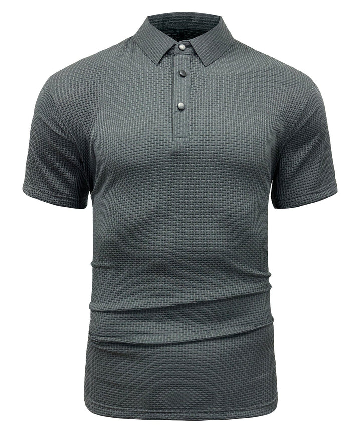 Detailed view of the collar and three-button placket on a men's tailored fit wrinkle-free polo shirt