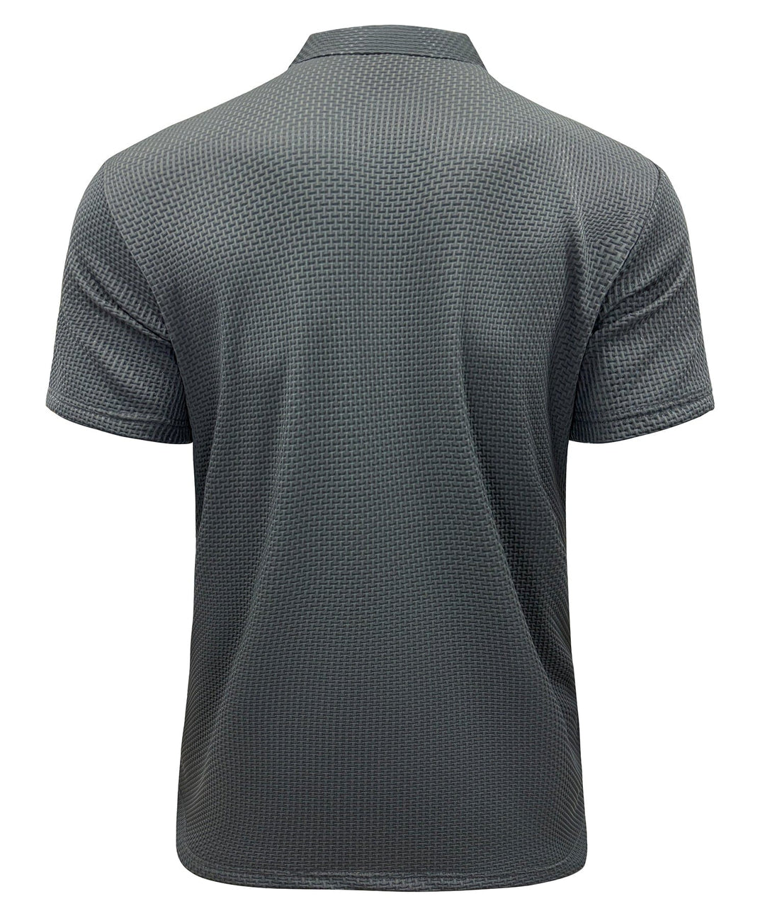 Back view of a men's wrinkle-free performance polo, highlighting the tailored fit and smooth fabric