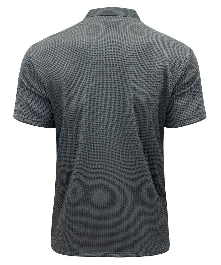 Back view of a men's wrinkle-free performance polo, highlighting the tailored fit and smooth fabric