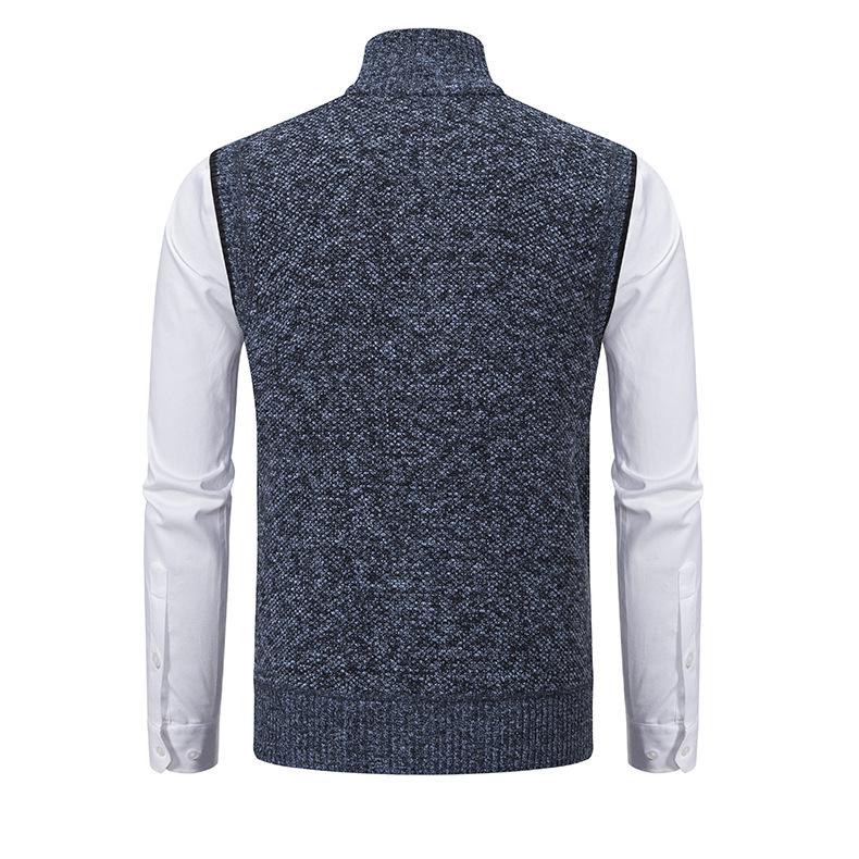 Close-up of men's mock neck zip-up gilet, showing quality knit and versatile layering design.