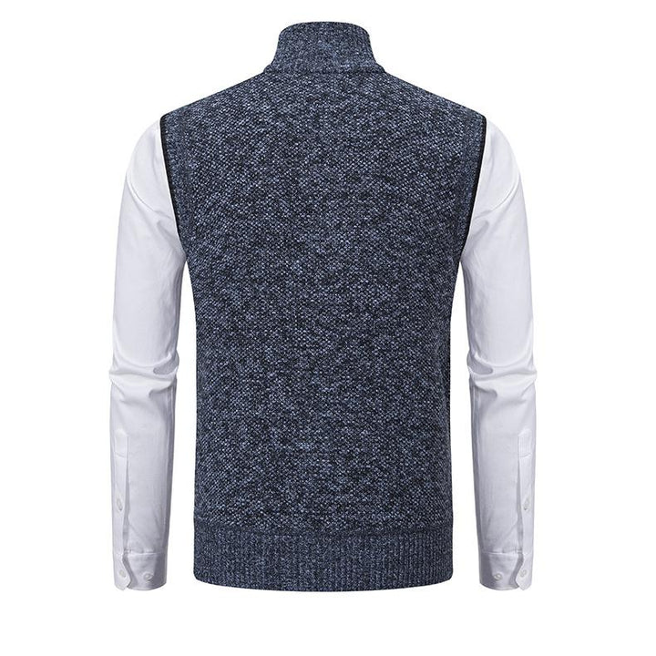 Close-up of men's mock neck zip-up gilet, showing quality knit and versatile layering design.