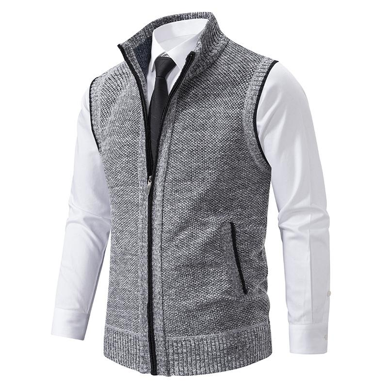 Man wearing a sleek mock neck zip vest for a smart casual look, great for autumn layering. Comfortable gilet.