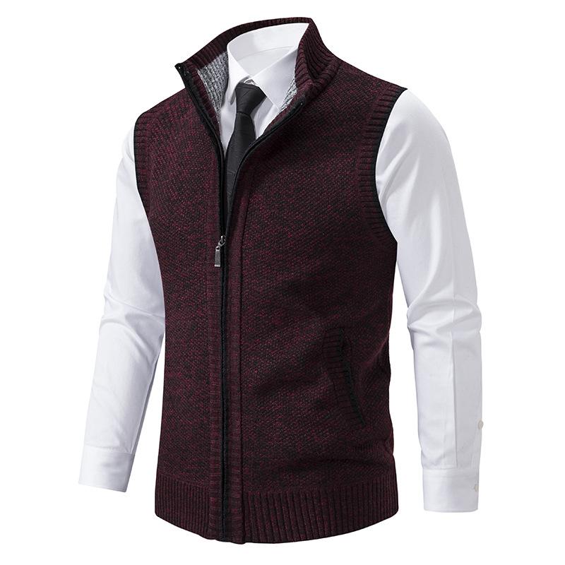 Men's stylish zip-up mock neck gilet, a versatile sweater vest for layering in cool weather. Autumn fashion.