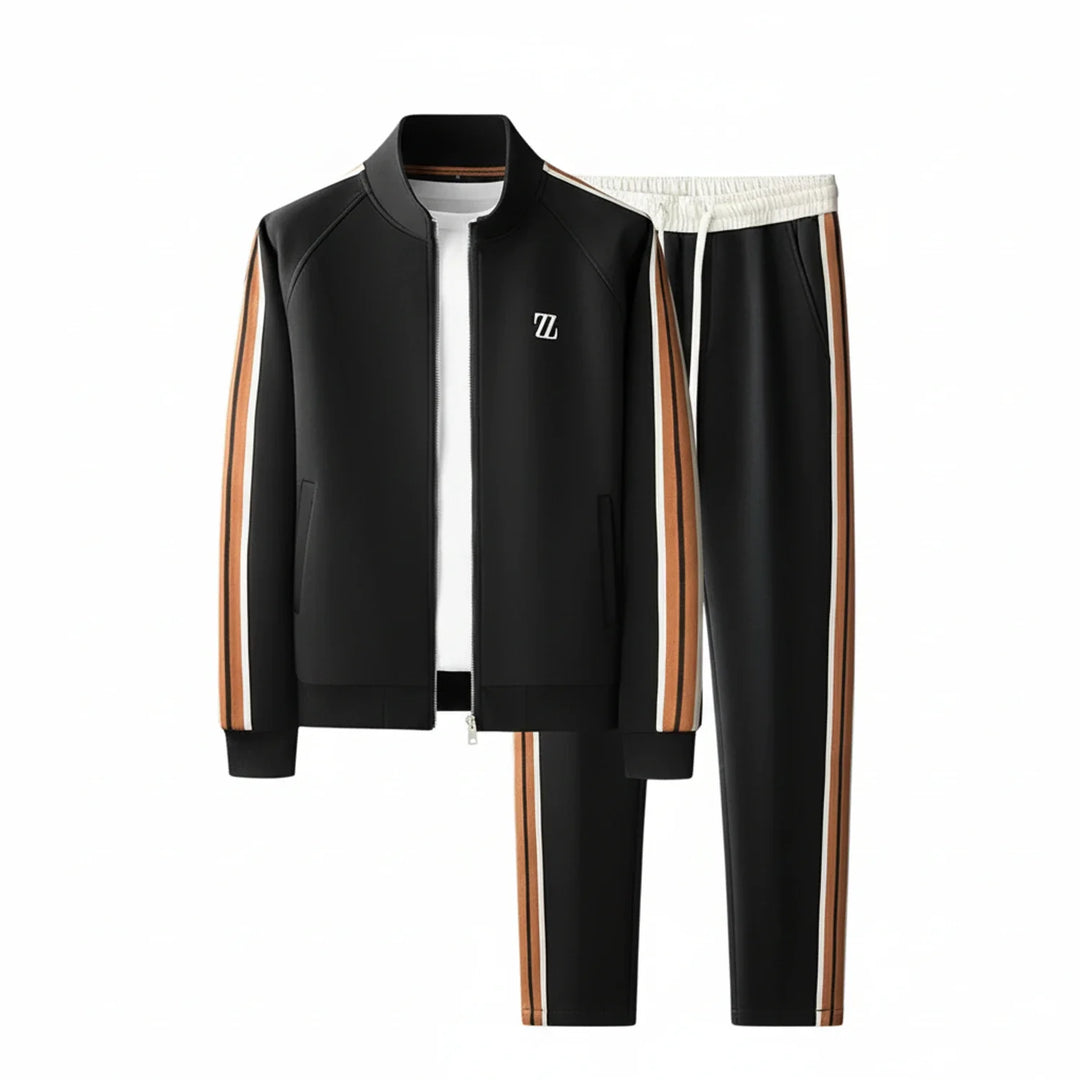 Close-up of the fabric texture on a men's comfortable zip-up tracksuit jacket and joggers.