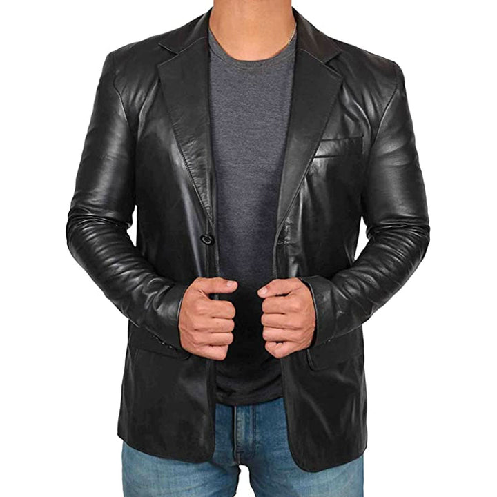 Men's elegant tailored blazer jacket, modern fit, two-button closure, business casual style.