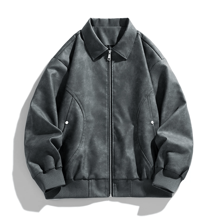 Men's Leather Bomber Jacket with Ribbed Cuffs and Hem - Lexians