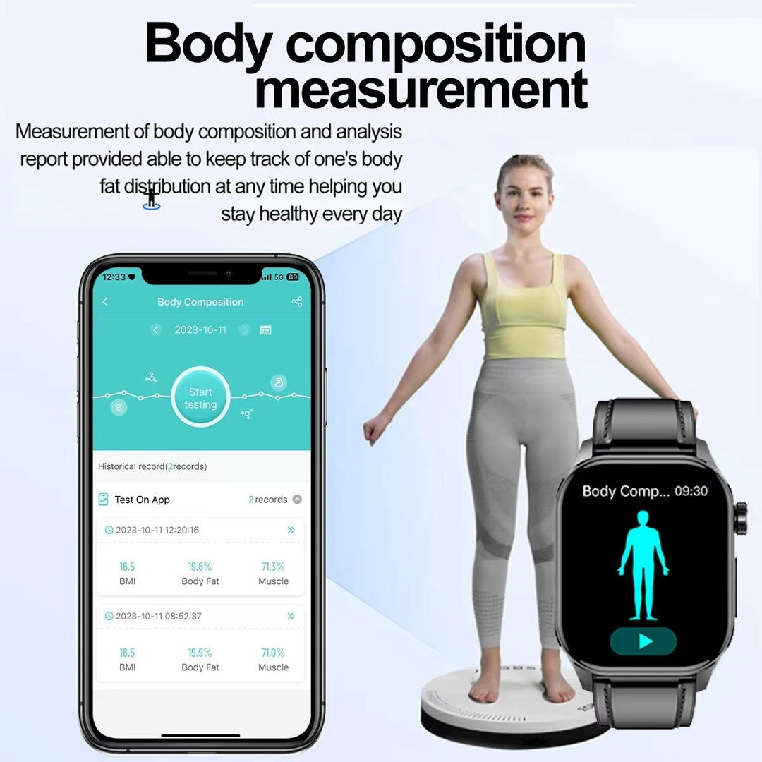 "Men's smartwatch with health monitoring, sleek alloy frame, bright display, and SOS feature for seniors' daily wellness."