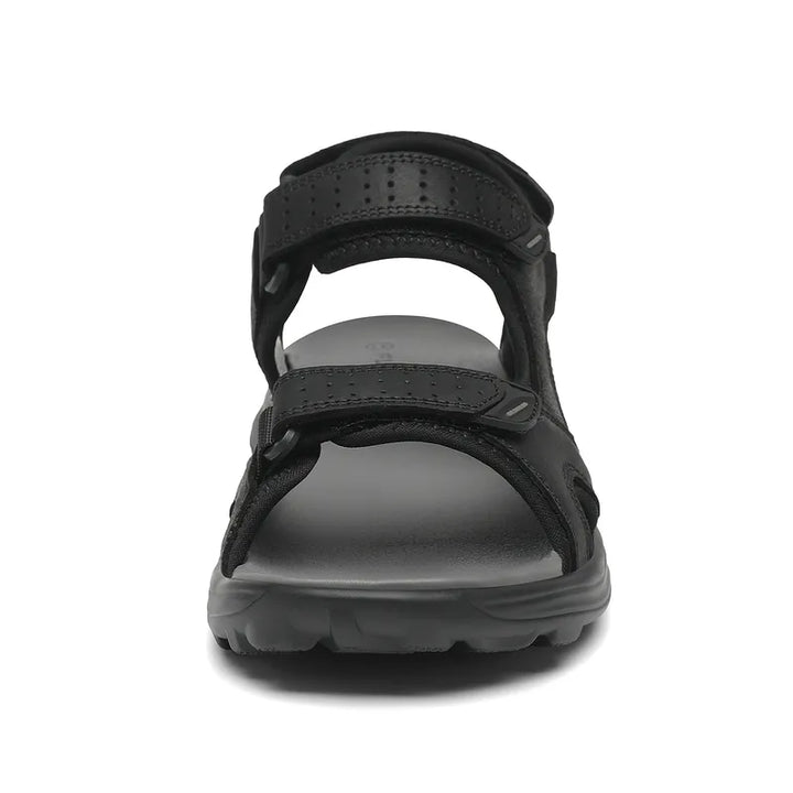"Men's sport hiking sandals with anti-slip PU sole, black, open-toe, adjustable straps, breathable leather and mesh."