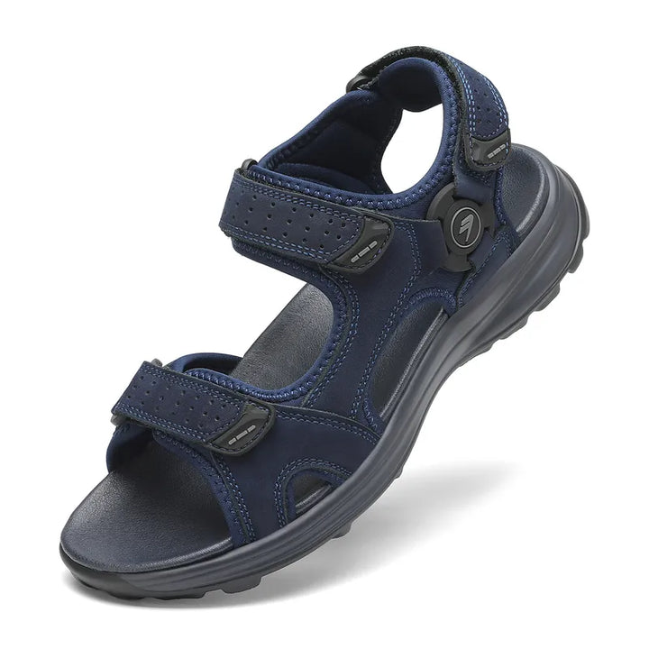 "Men's sport hiking sandals with anti-slip PU sole, black, open-toe, adjustable straps, breathable leather and mesh."