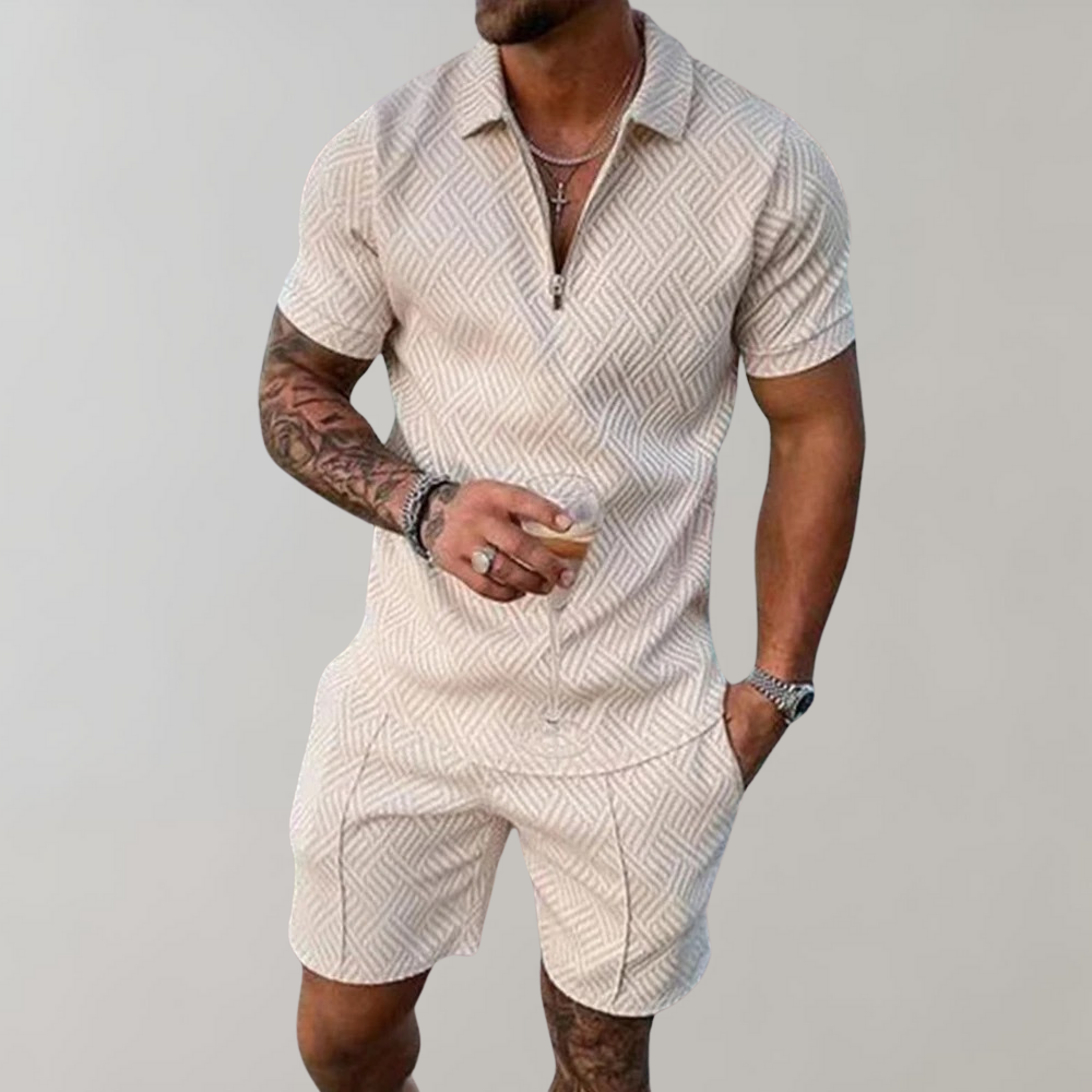"Men's Summer Zip Polo Shorts Set, relaxed fit, short sleeves, zip-up collar, above-knee shorts, textured design."