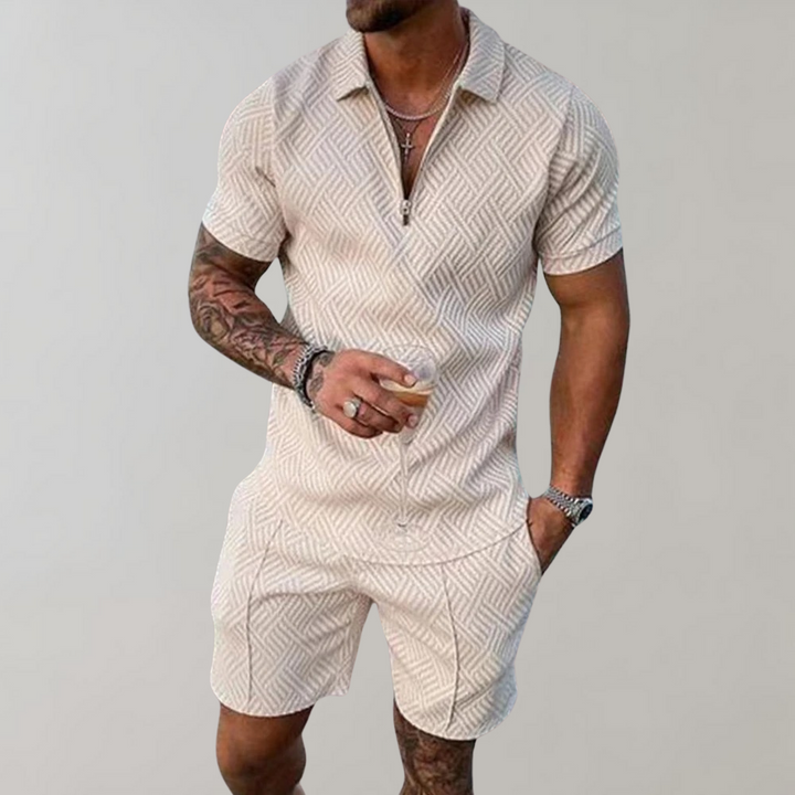 "Men's Summer Zip Polo Shorts Set, relaxed fit, short sleeves, zip-up collar, above-knee shorts, textured design."