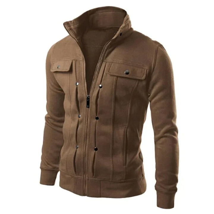 Black men's zip-up stand collar jacket. Stylish and versatile for casual, modern looks during spring & fall.