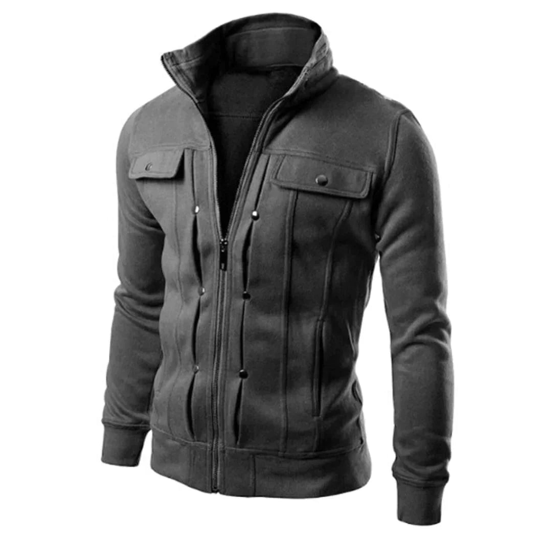 Close-up of a men's versatile zip-up stand collar jacket, showing the full zip and modern design.