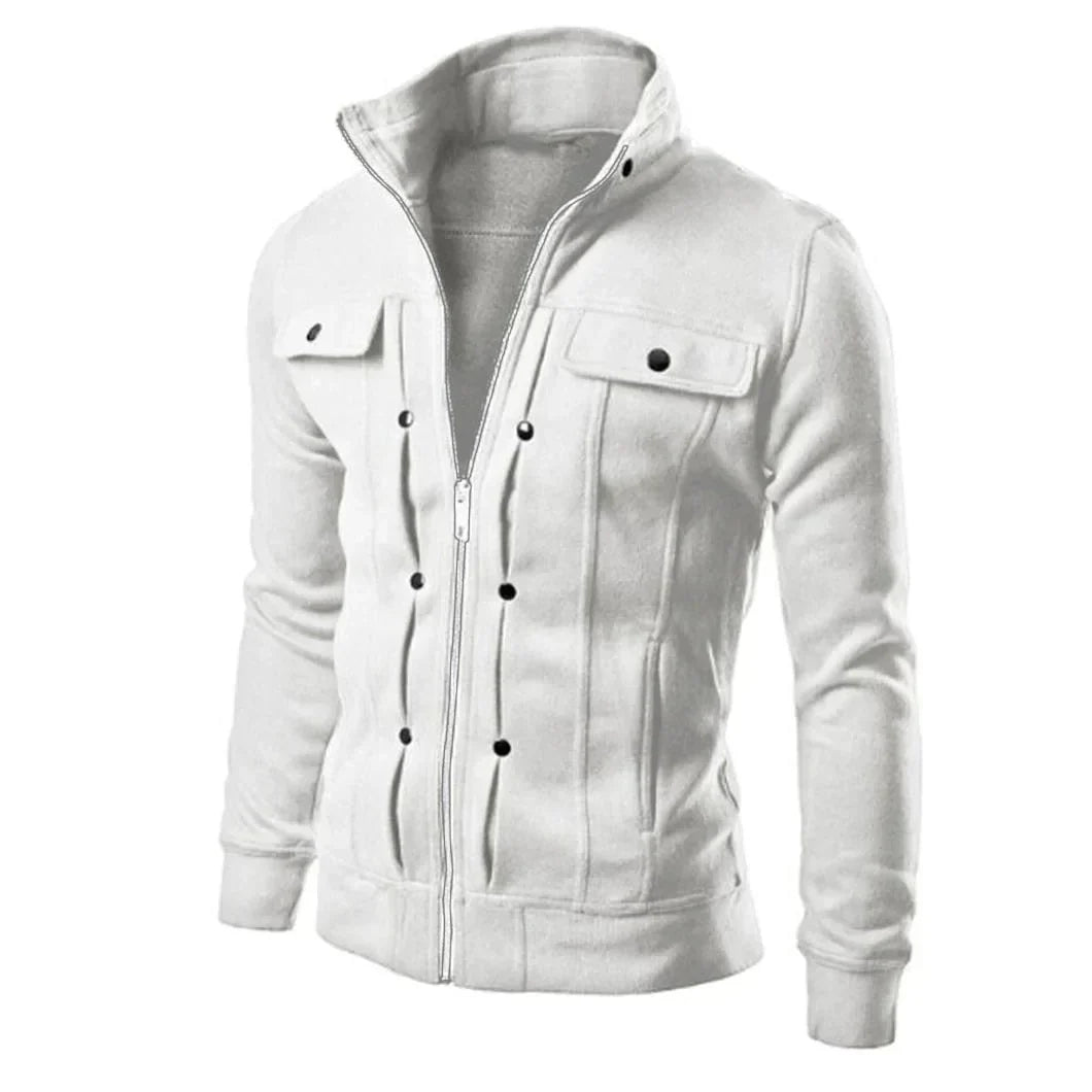Man wearing a sleek men's zip-up stand collar jacket. Great for stylish, casual spring & fall outdoor activities.