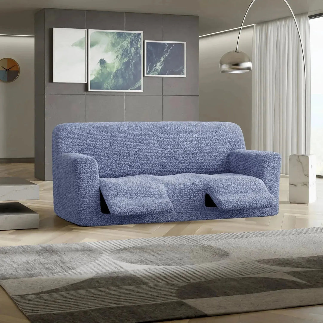 "Microfiber 3-seater recliner slipcover in light grey, versatile fit; transforms decor with protective, stylish cover."