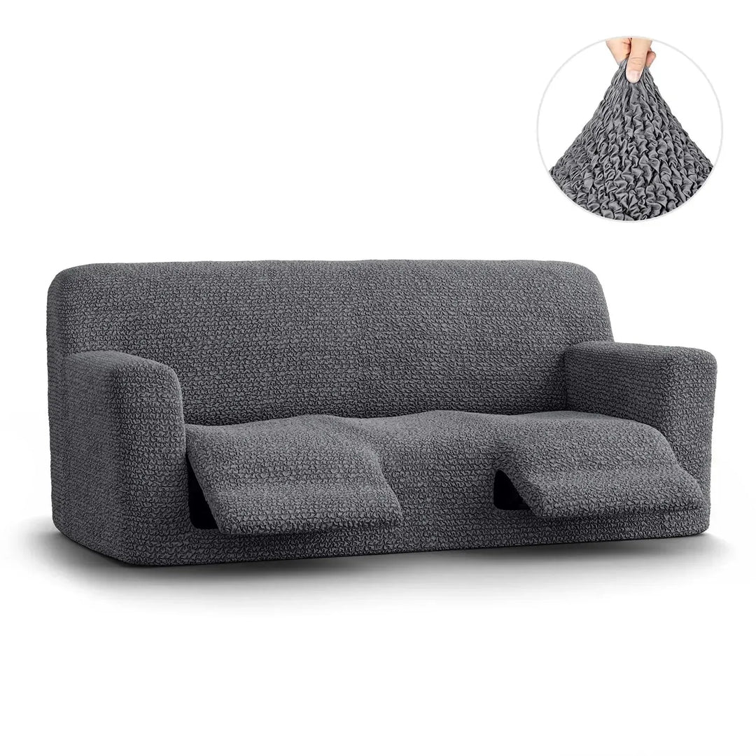 "Microfiber 3-seater recliner slipcover in light grey, versatile fit; transforms decor with protective, stylish cover."