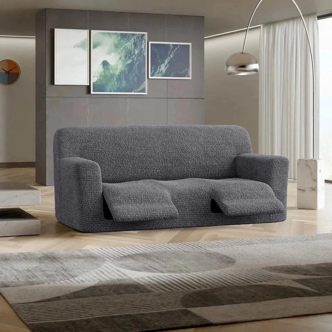 "Microfiber 3-seater recliner slipcover in light grey, versatile fit; transforms decor with protective, stylish cover."
